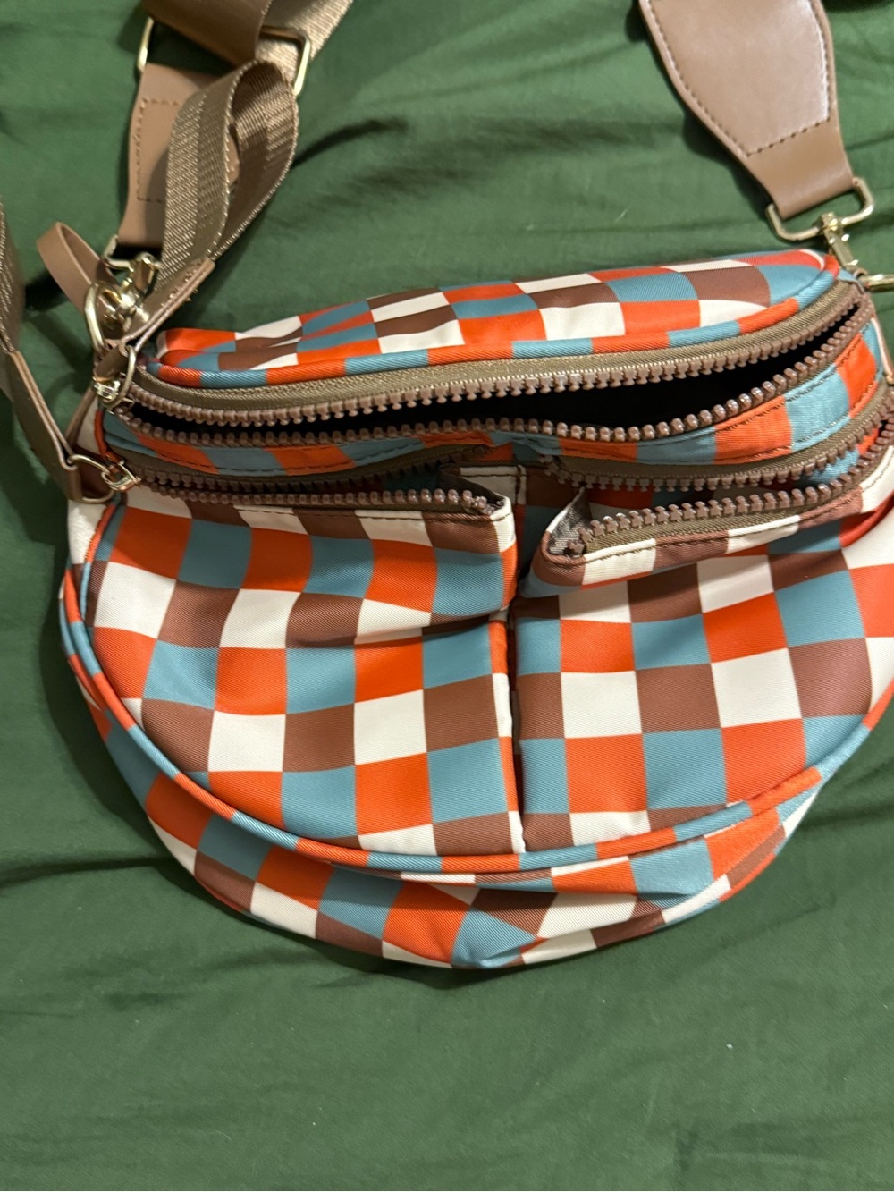 NWOT Emmafy Mini Go-Free Checkerboard Crossbody Bag in Orange, Blue & Brown